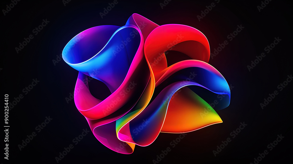 Poster colorful abstract flow of intertwined ribbons creating a vibrant, dynamic shape on a dark background