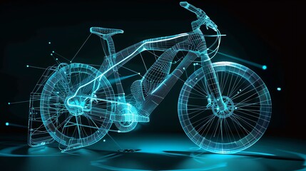 A futuristic electric bike design displayed in a glowing wireframe style, showcasing advanced technology and innovation.