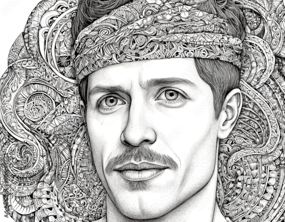 Poster intricate portrait of a man with a decorative headband surrounded by patterns