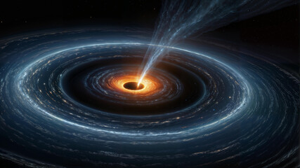 A black hole with a glowing accretion disk and relativistic jets