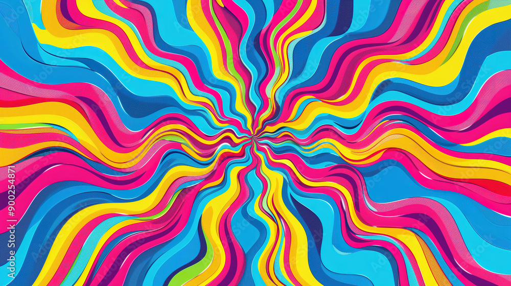 Poster bright and vibrant abstract pattern with wavy lines in pink, yellow, blue, and cyan, creating a dyna