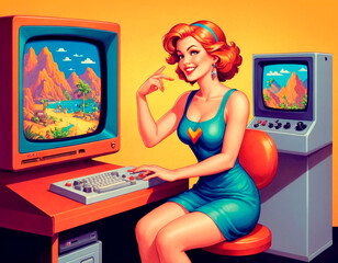 Retro gaming enthusiast enjoys adventure game on classic computer setup