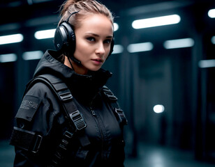Naklejka premium Female operative in tactical gear at futuristic training facility