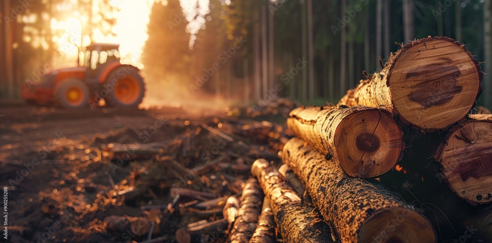 Poster logs stacked in a forest at sunset with a tractor in the distance