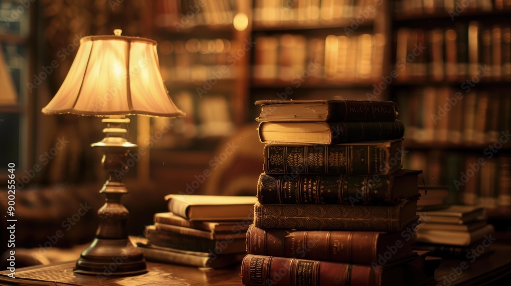 Poster A Stack of Vintage Books Illuminated by a Lamp in a Library
