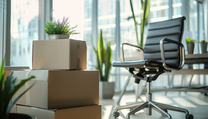 A stack of cardboard boxes sits beside an office chair in a sunlit room