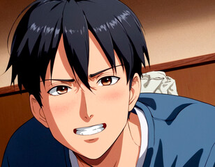 Teenage boy with short black hair smiling brightly in a cozy indoor setting