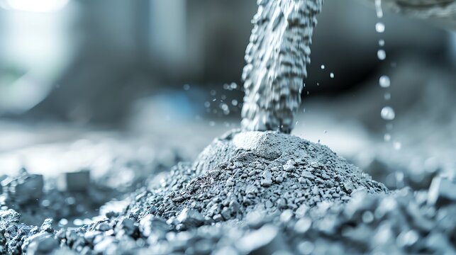 Cement powder being mixed with water, construction materials, building process