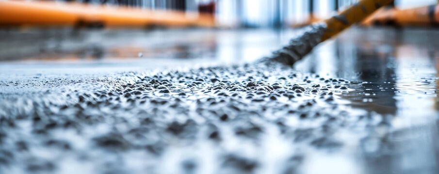 Cement slurry being spread for a floor, construction process, building materials