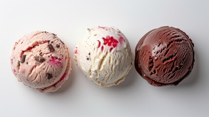 Three scoops of ice cream in different flavors on a white background