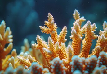 A close up of a delicate coral structure dissolving under the effects of acidified ocean water, with marine organisms trying to adapt