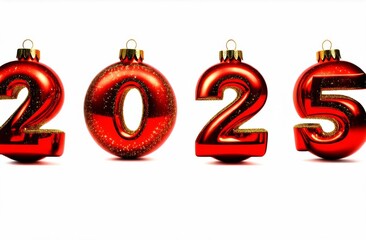 Numbers 2025 from New Year's red balls with a gold pattern on a white background with space for text. Happy New Year