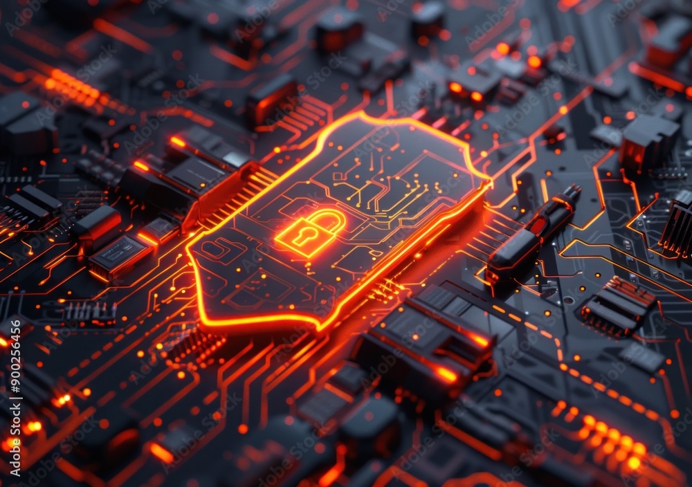 Poster A glowing red lock symbol on a circuit board representing digital security