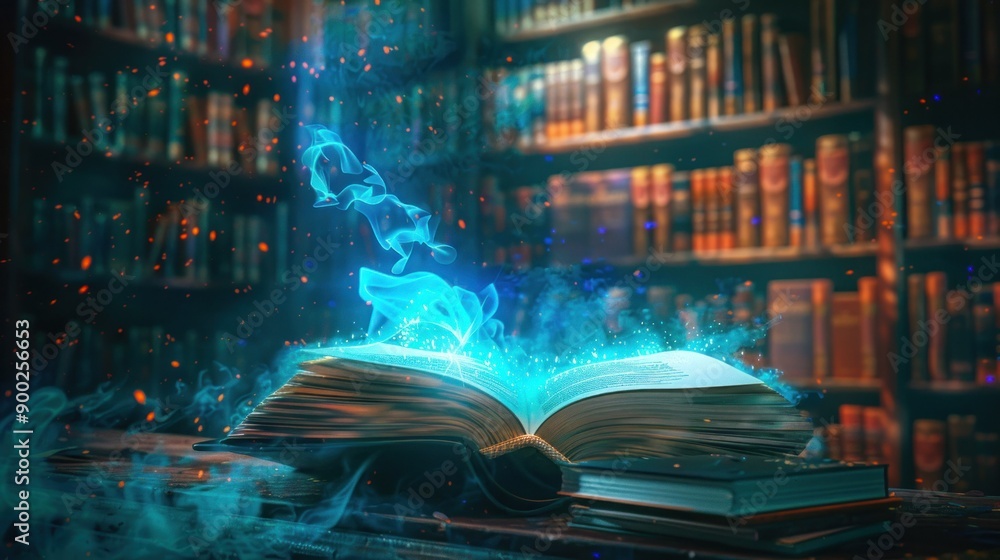 Poster A magical open book emitting blue smoke and light in a library setting