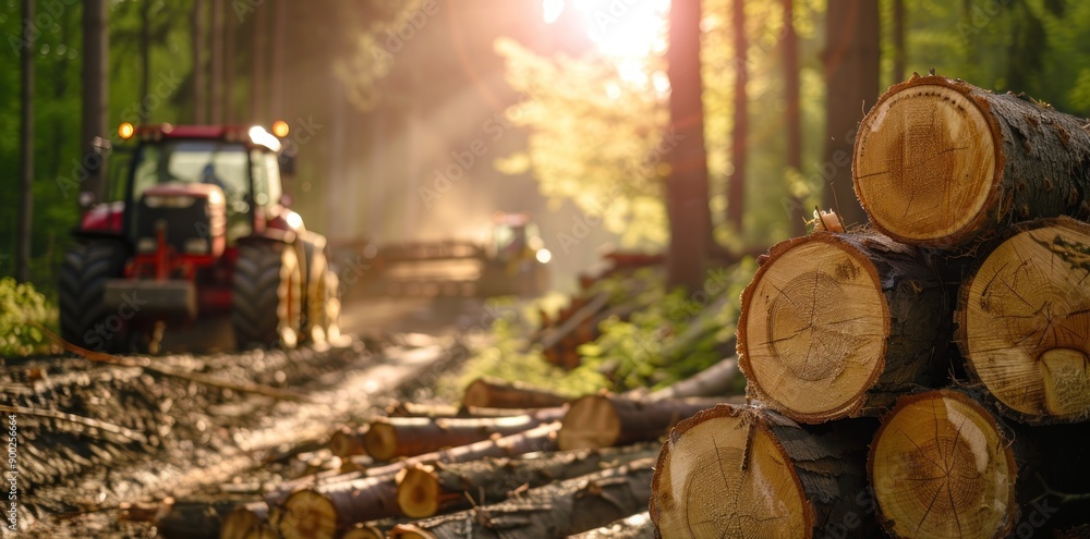Aufkleber A stack of freshly cut logs in a forest setting with a tractor in the background