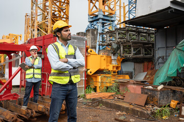 Portrait cross arm India engineer man worker use tablet computer with team and spare crane background	