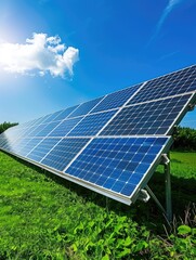 A single solar panel installed in a green field