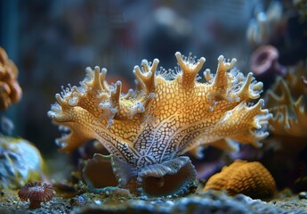A close up of a delicate coral structure dissolving under the effects of acidified ocean water, with marine organisms trying to adapt