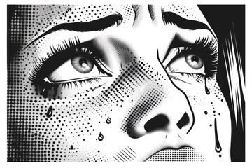 A close-up of a woman's tearful eye in a comic book style
