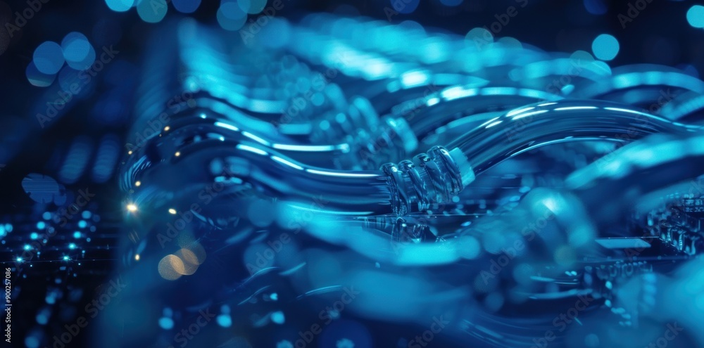 Poster abstract blue curves with bokeh lights create a dynamic and futuristic background