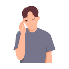 Man feeling anxious or worried. Headache and dizziness due to stress. Mental health problems from depression. Vector illustration