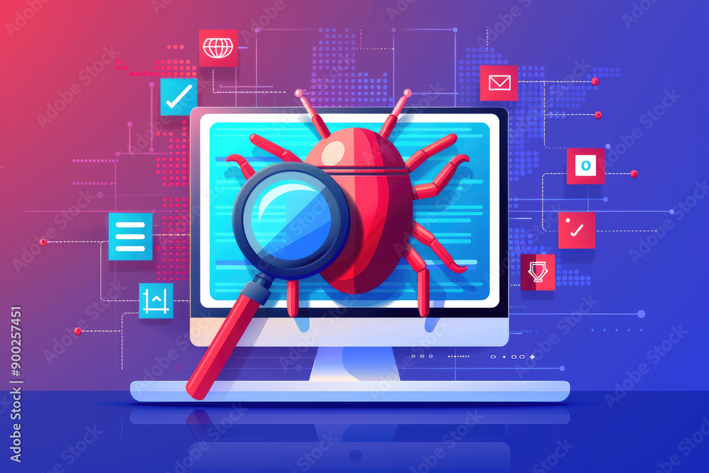 Poster digital security threat, a magnifying glass hovering over a cartoonish computer bug on a screen, sho