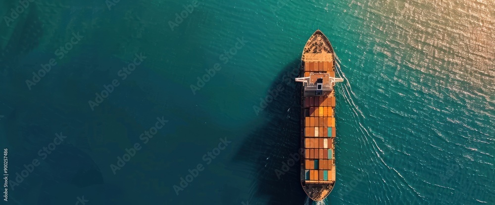 Poster A container ship sailing across the vast ocean viewed from directly above