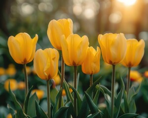 Obraz premium Bright yellow tulips in a garden, perfect for spring holiday greetings Midlevel shot, soft sunlight creating a warm, welcoming scene