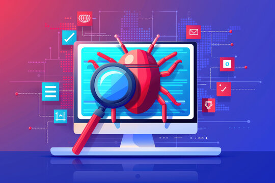 Digital Security Threat, a magnifying glass hovering over a cartoonish computer bug on a screen, showcasing themes of cyber threats and digital vigilance in a modern interface