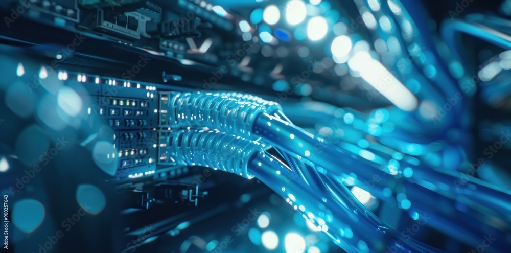 Poster blue cables connected to server racks in a data center