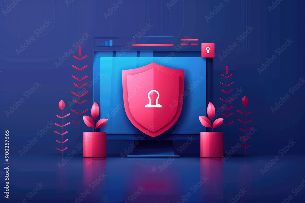 Poster digital security interface featuring a protective shield symbolizing cybersecurity, complemented by 