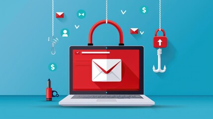 Email security concept, illustrated laptop displaying a locked email with symbols of phishing attempts and data protection to highlight cybersecurity threats.