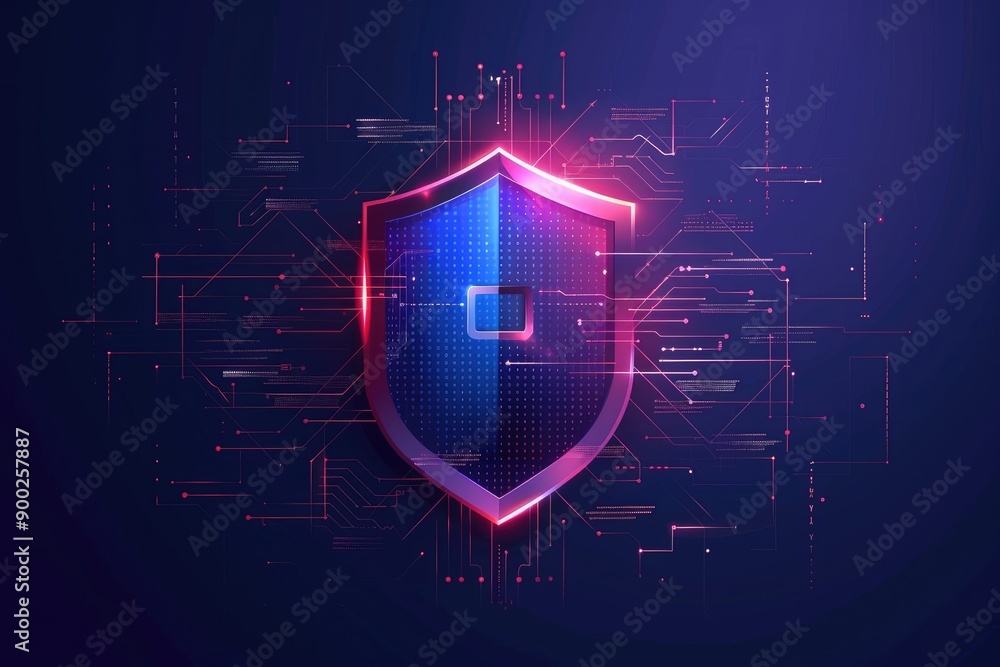 Poster digital shield with circuitry, a vibrant blue and pink shield symbolizes cybersecurity, combined wit