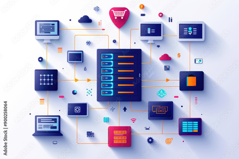Poster digital network ecosystem, a vibrant illustration representing interconnected devices, data flow, cl