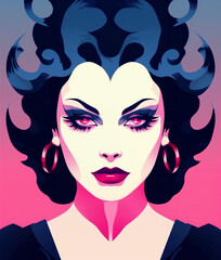 a woman with black hair and large hoop earrings on her head, with a pink background and a blue background