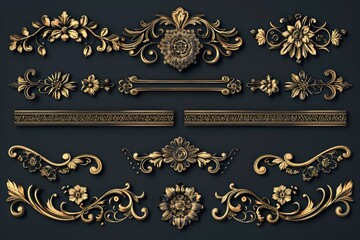 A collection of ornate gold decorations against a dark backdrop