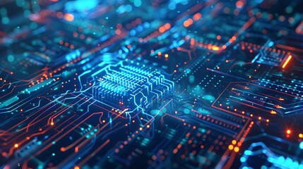 Obraz premium Abstract of a circuit board with glowing blue and orange lights, showcasing the intricate details of modern technology.