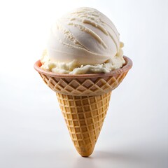 vanilla flavored ice cream scoop in waffle cone on white background