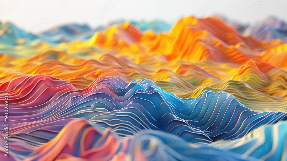 Poster abstract rendering of a colorful wavy landscape with vibrant hues and lines