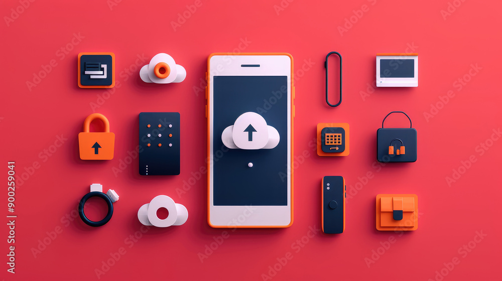 Poster digital connectivity, vibrant smartphone surrounded by colorful icons representing cloud storage, se