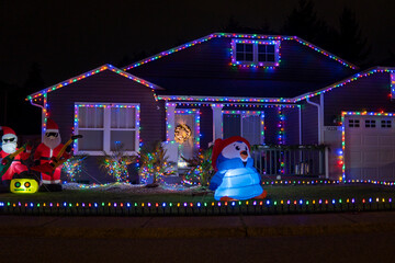 Beautiful Christmas decorations outside the house at night. House decorated with blue lights for...