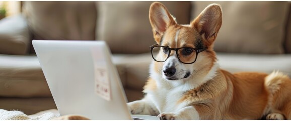 Cute corgi dog looking into computer laptop working in glasses and shirt