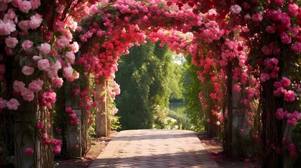 Obraz premium A beautiful garden archway covered in vibrant pink roses, leading to a serene, lush green pathway.