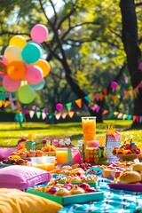 A bright and colorful friendship-themed picnic setup in a park, with a variety of foods and decorations.