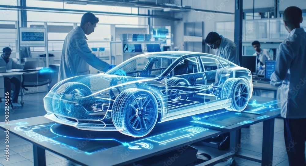 Poster engineers examine a holographic model of a car in a laboratory setting