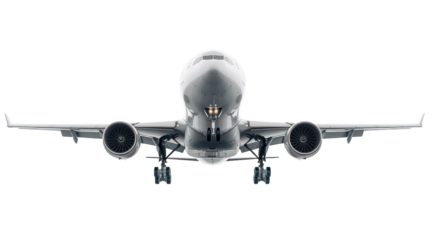 Detailed View of a Commercial Aircraft Landing at the Airport During Bright Daylight Conditions With Clear Blue Sky Surrounding