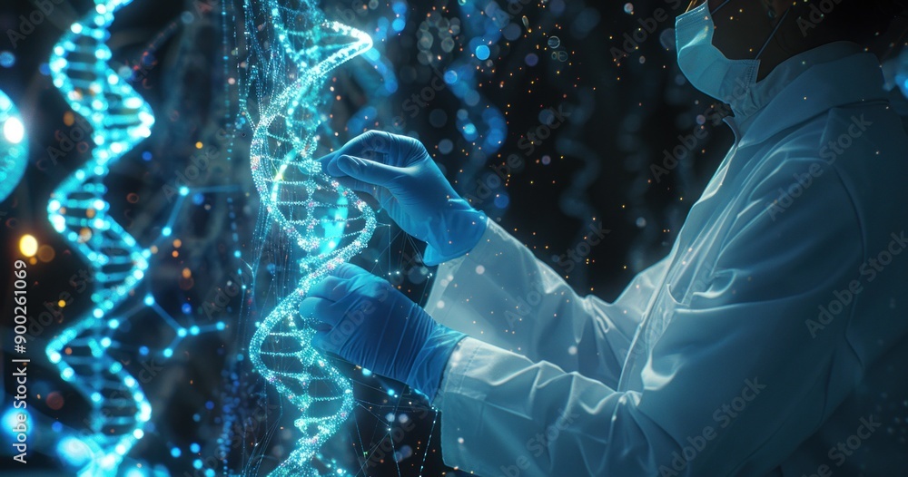 Aufkleber A scientist studies a digital DNA strand in a lab setting