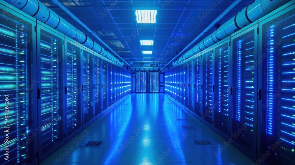 Poster the interior of a data center illuminated with blue light showcasing rows of server racks