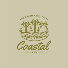 minimalist coastal lawn line art icon logo vector illustration design. simple modern home and outdoor care logo concept