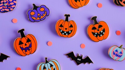 Colorful Halloween Pumpkin Stickers and enamel pin on Purple Background with Playful Expressions